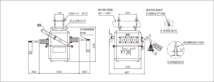 一般地区VT内蔵形の外形図