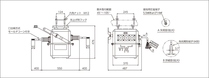 一般地区VT・LA内蔵形の外形図
