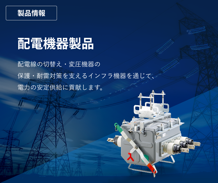 エナジーサポート　製品情報　配電機器製品　配電線の切替え・変圧機器の保護・耐雷対策を支えるインフラ機器を通じて、電力の安定供給に貢献します。